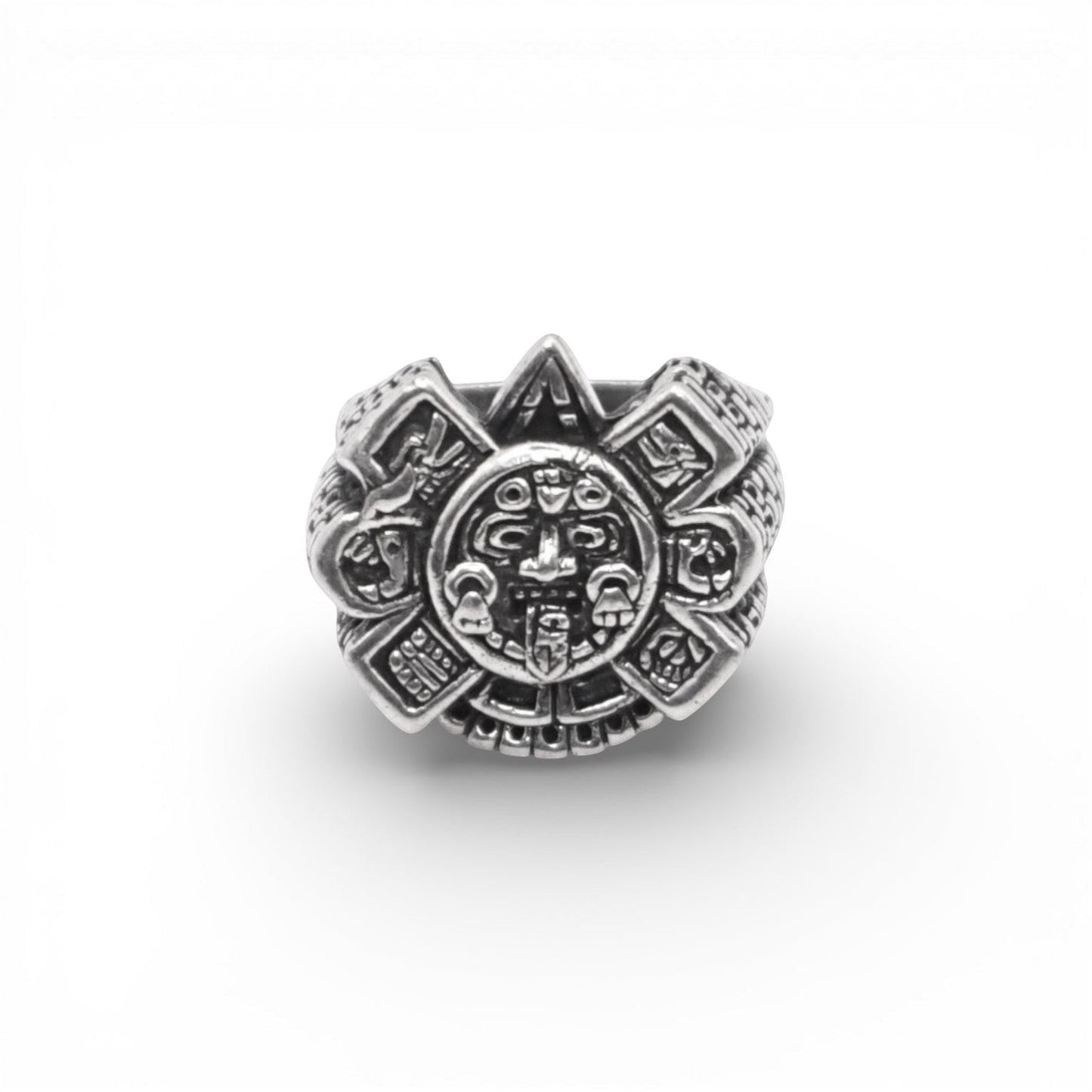 Bague en argent de style latino-américain, ornée de motifs traditionnels gravés et portant le nom "OLLIN". Disponible chez la boutique Altiplano.